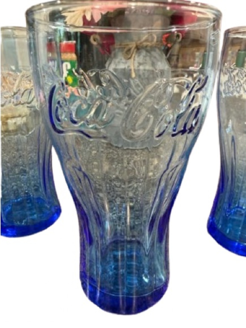 Vtg Coca-Cola Rare Cobalt Blue Ribbed Contour Shape Glasses with Embossed Script